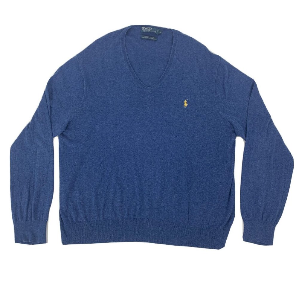 Men's Polo by Ralph Lauren Long Sleeve V-Neck Sweater Blue XL 100% Pima Cotton